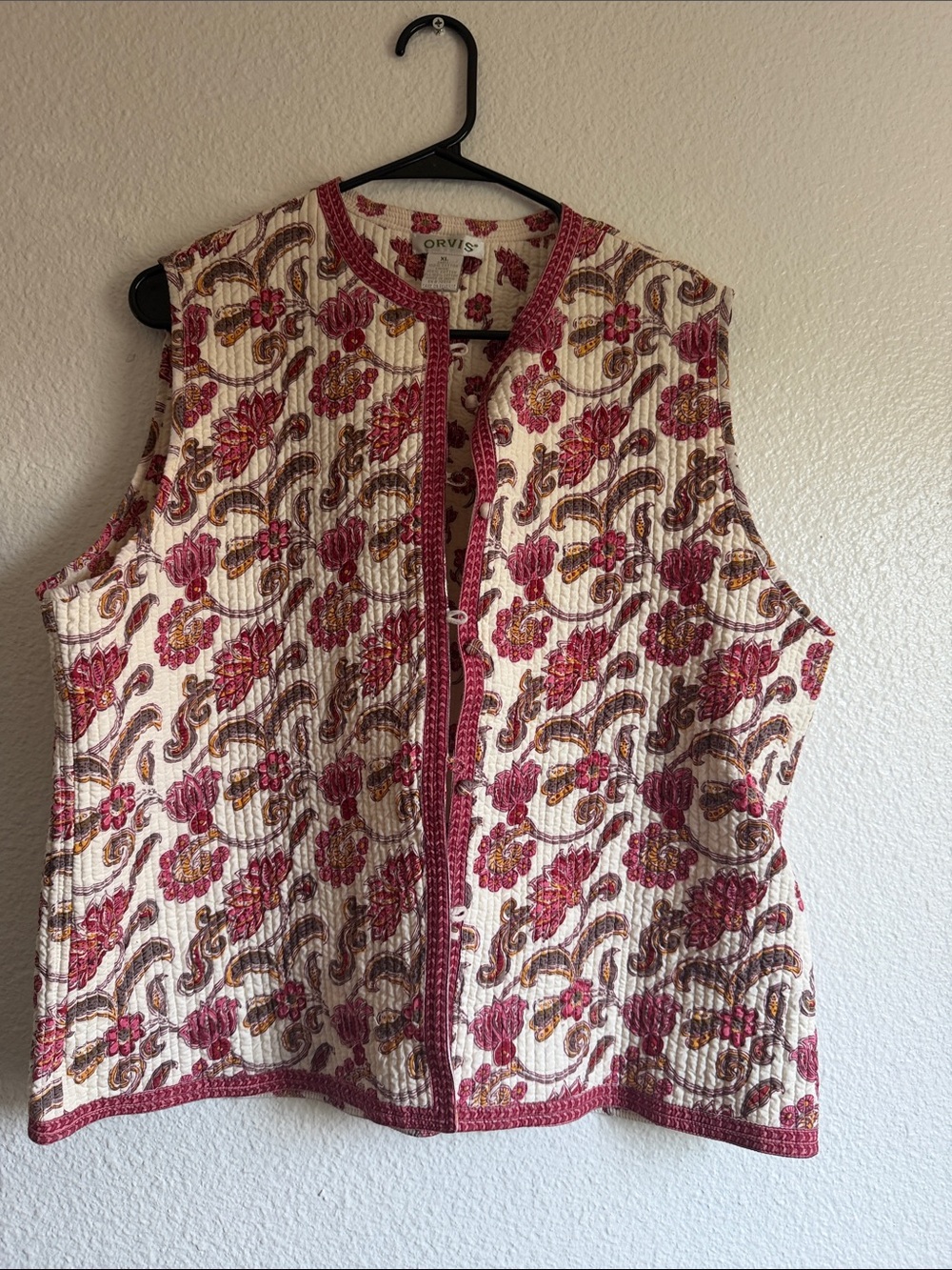 Orvis Vintage Reversible Quilted Floral Vest Pink Red Boho Cottagecore XL